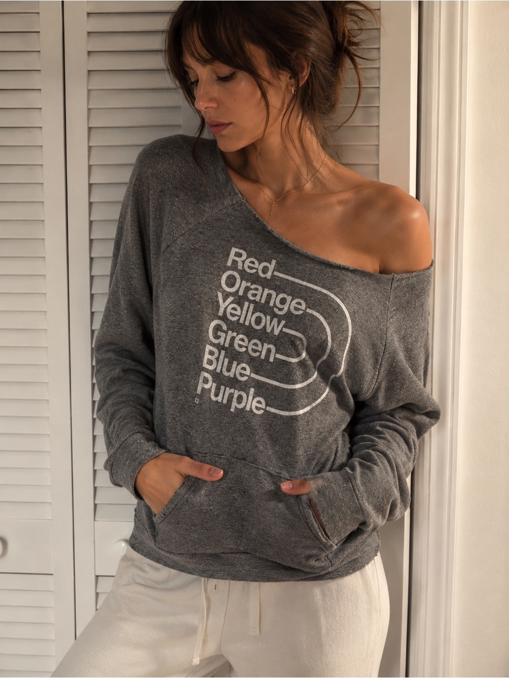 Gray Women’s Pullover Sweatshirt with Rainbow Text Pride Large
